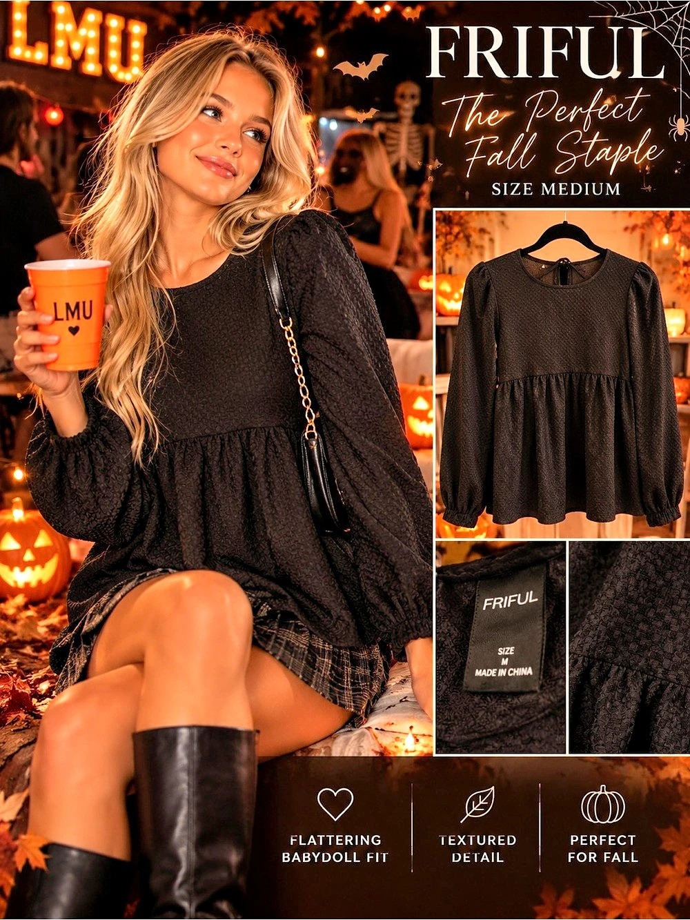 FRIFUL Black Chic Top Size Medium Like New